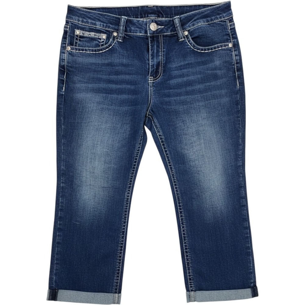 ND Weekend Womens Cross Embellished Capri Jeans y2k Dark Wash Cuffed Blue Sz 14